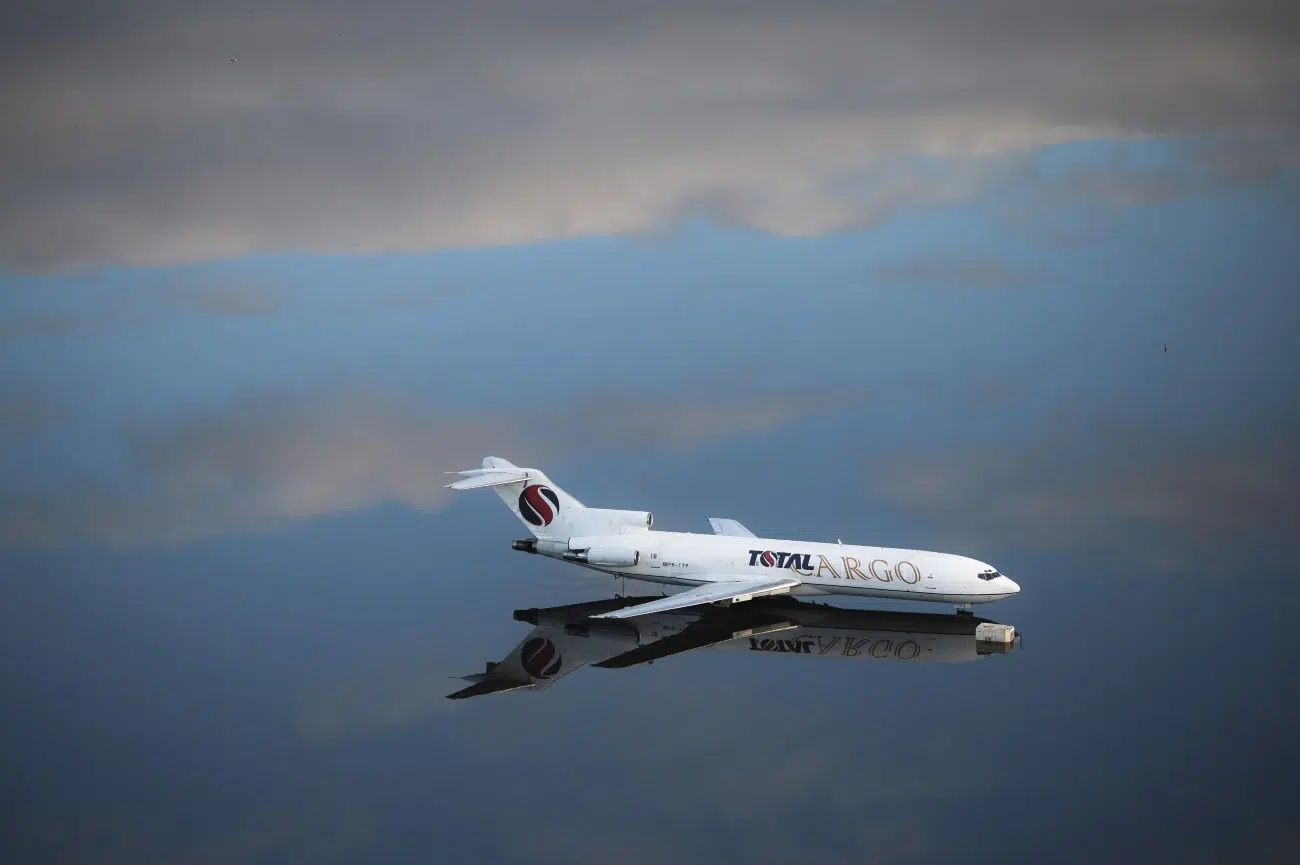 A stranded Boeing 727-200 surrounded by floodwaters at Salgado Filho International Airport.