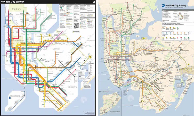 Side-by-side comparison of MTA subway maps